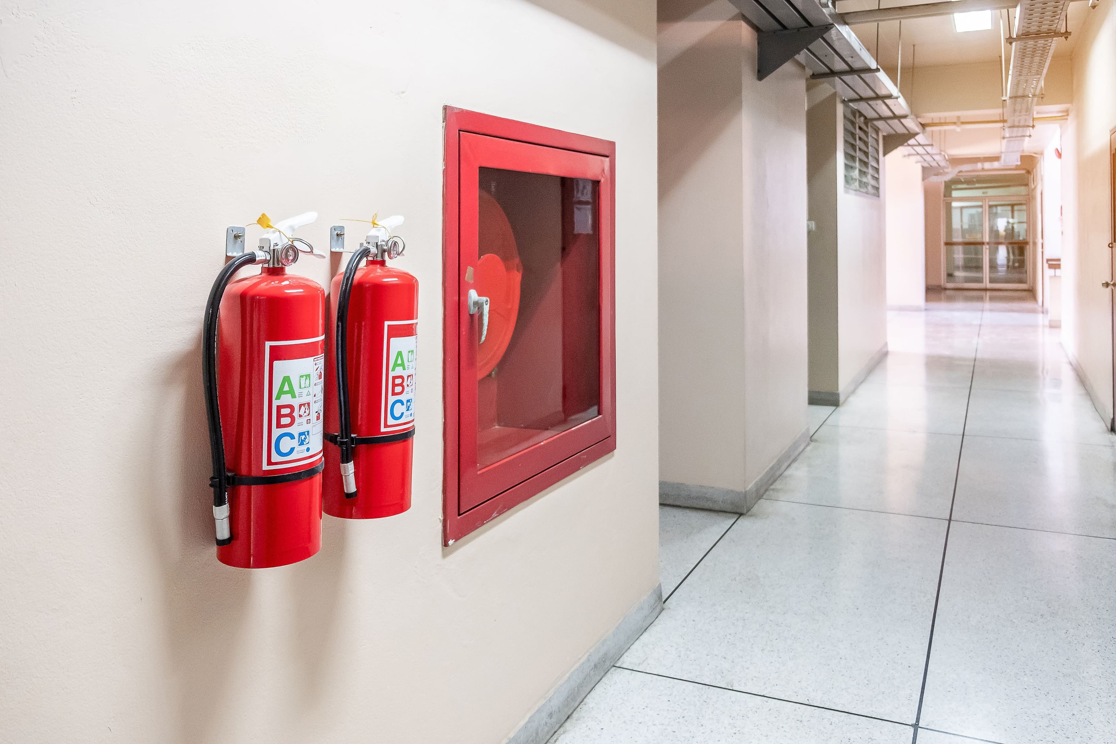Photograph of a hallway, with two fire extinguishers hanging on the wall next to a glass case containing a fire hose.
