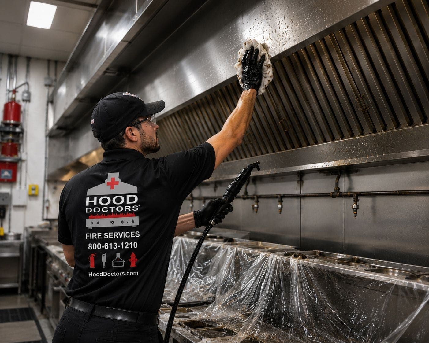 Photograph of man in a Hood Doctors-branded shirt using a cloth and a pressure sprayer to clean a kitchen hood.