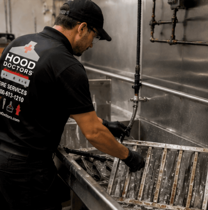Photograph of person, wearing a shirt, with a Hood Doctors logo on it, rinsing a kitchen hood in the sink.
