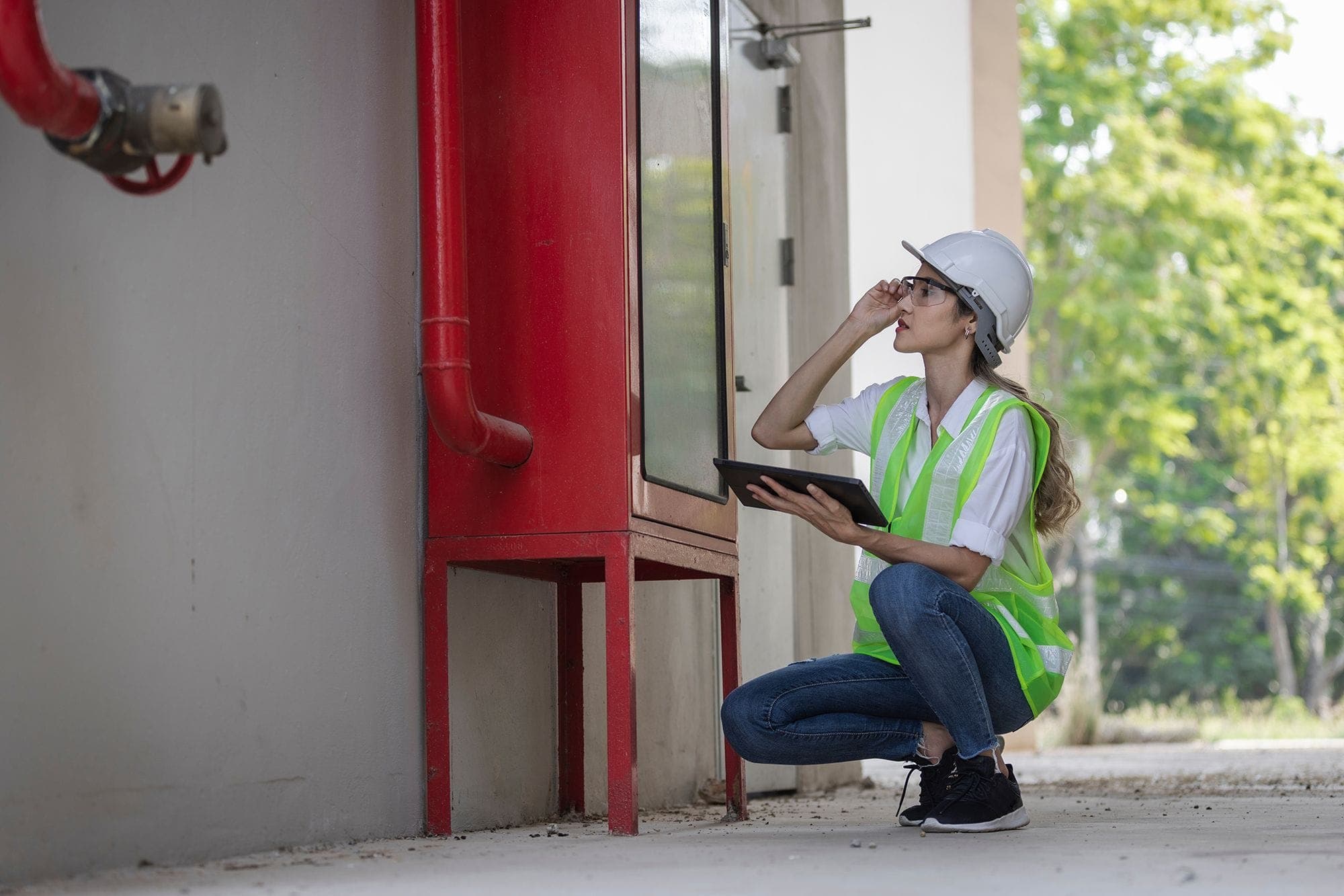 Photograph of a technician inspecting a fire extinguisher.