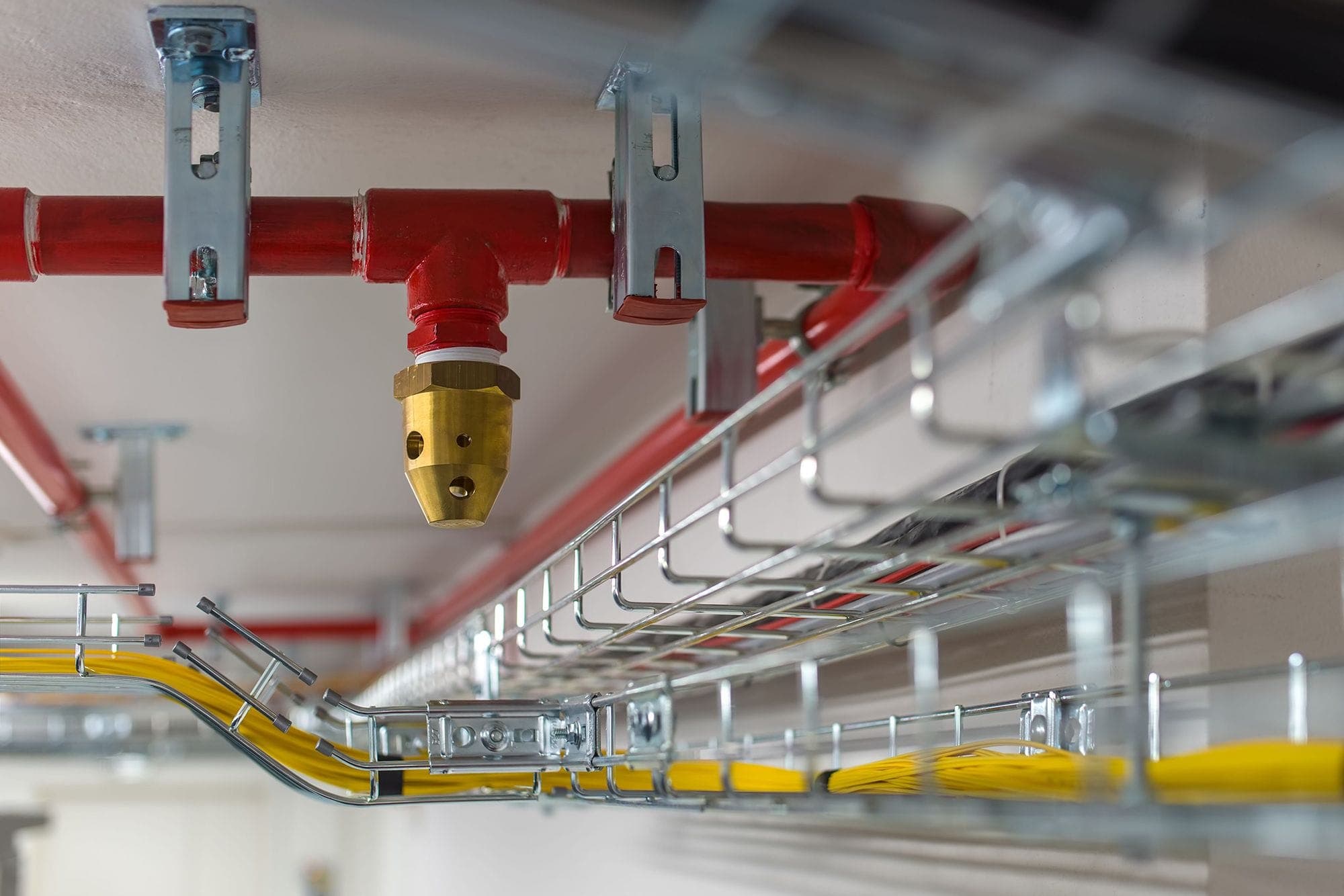 Close up photograph of a single nozzle, part of a larger fire suppression system.
